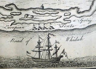 Detail showing an early 18th-century ship on the coast of Benin, Africa.